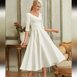 NWT JJs House A-line V-Neck Tea-Length Satin Wedding Dress size 14